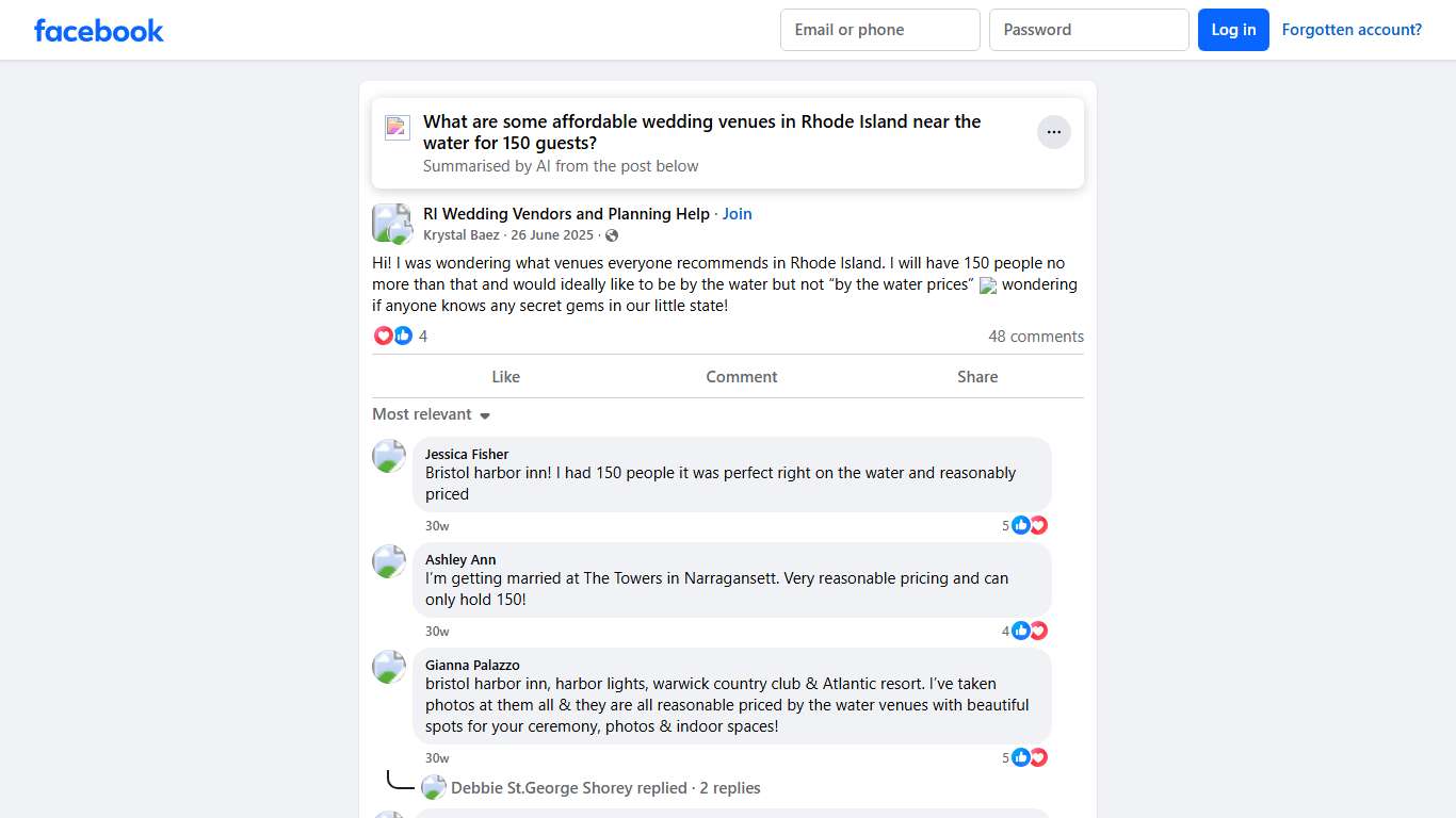 RI Wedding Vendors and Planning Help Hi! I was wondering what venues everyone recommends in Rhode Island Facebook