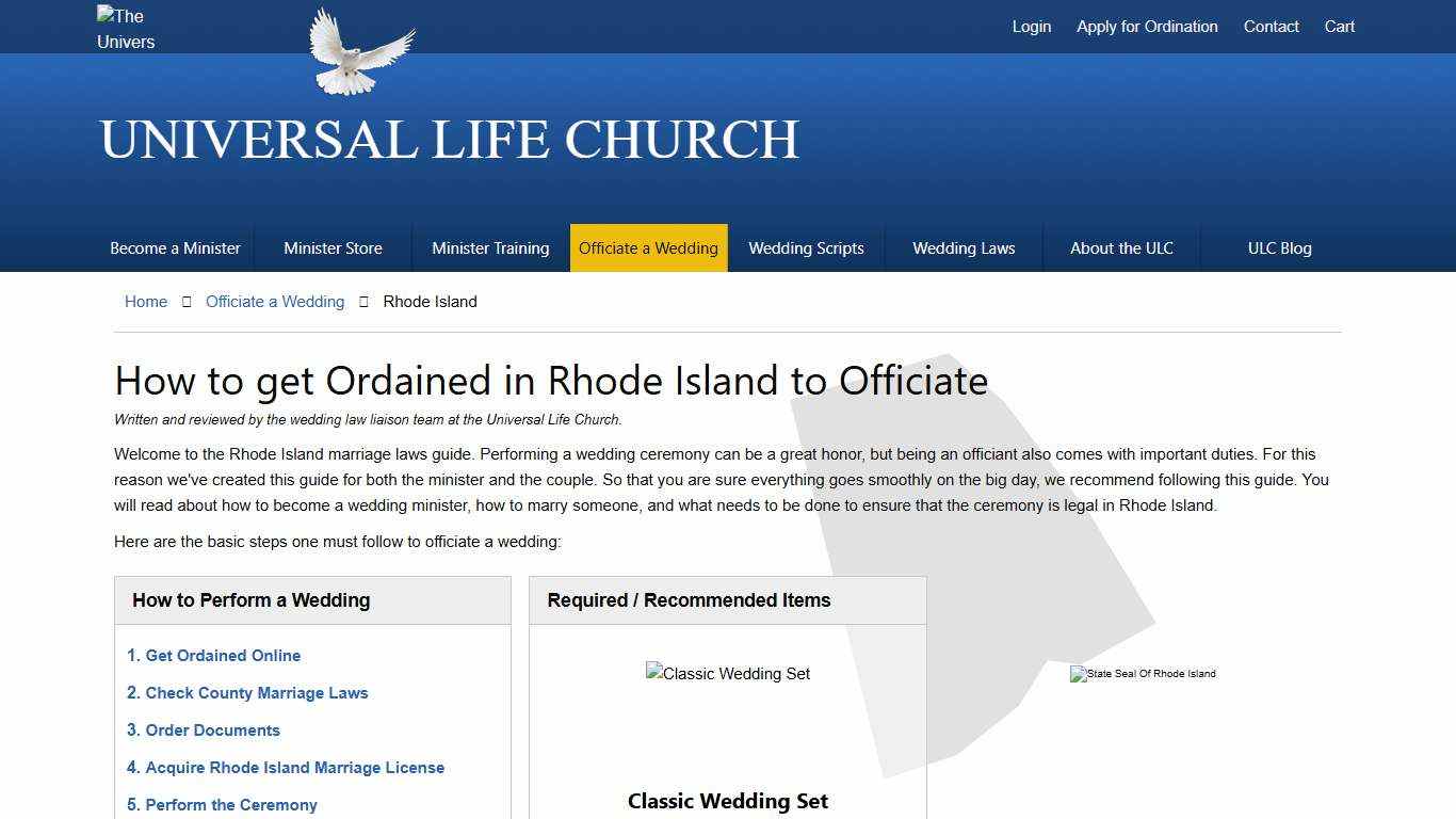 How to get Ordained in Rhode Island to Officiate - Universal Life Church